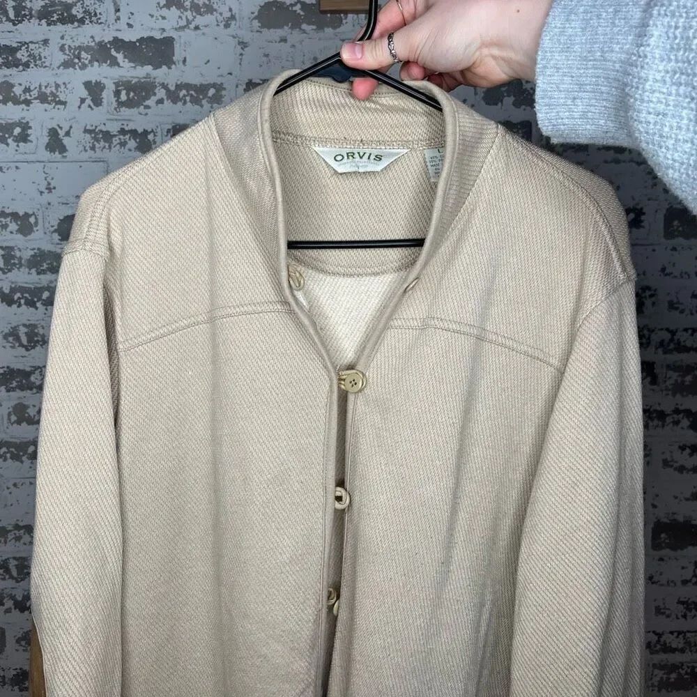 Orvis | women vintage lightweight tan jacket with leather accents